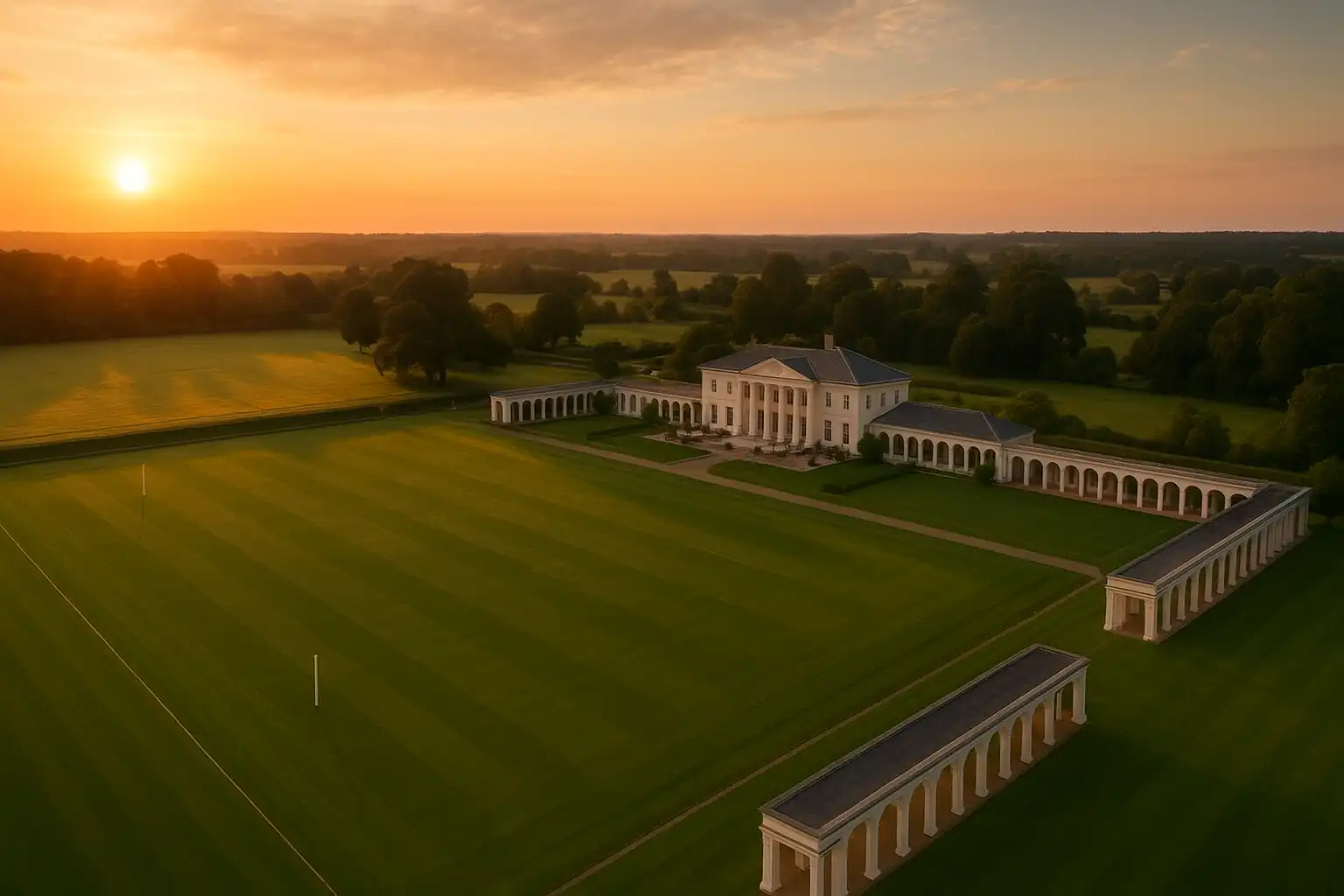 Aerial view of a British polo estate with white colonnades and manicured lawns at sunset