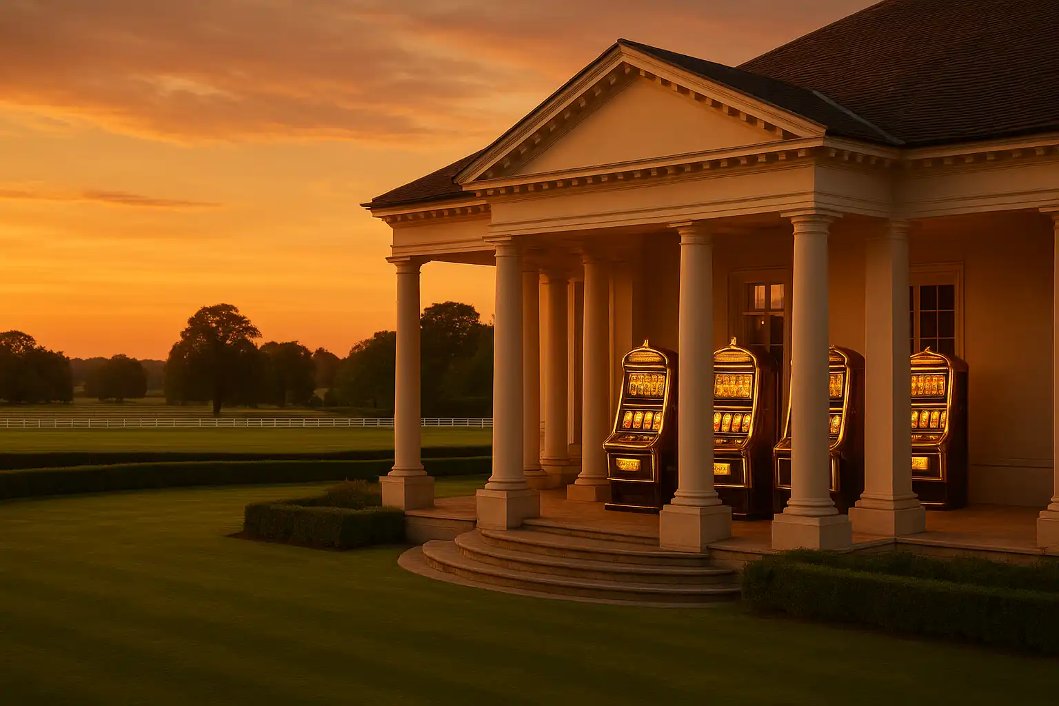 Elegant British polo estate clubhouse with slot machines at sunset