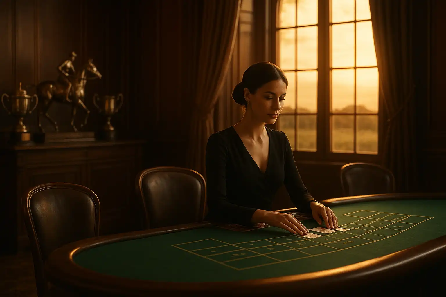 Live dealer table inside an elegant clubhouse with polo trophies on display
