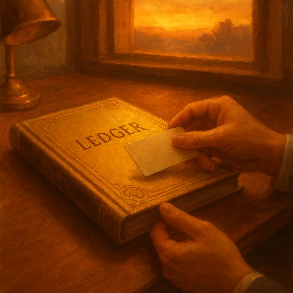 Hands making a card deposit near a golden ledger book
