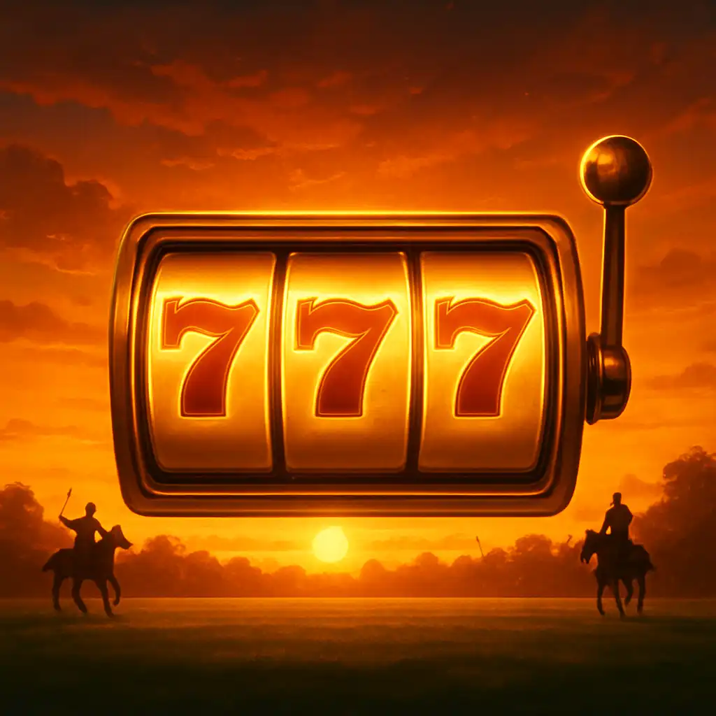 Slot reels lit up in gold against a sunset polo lawn