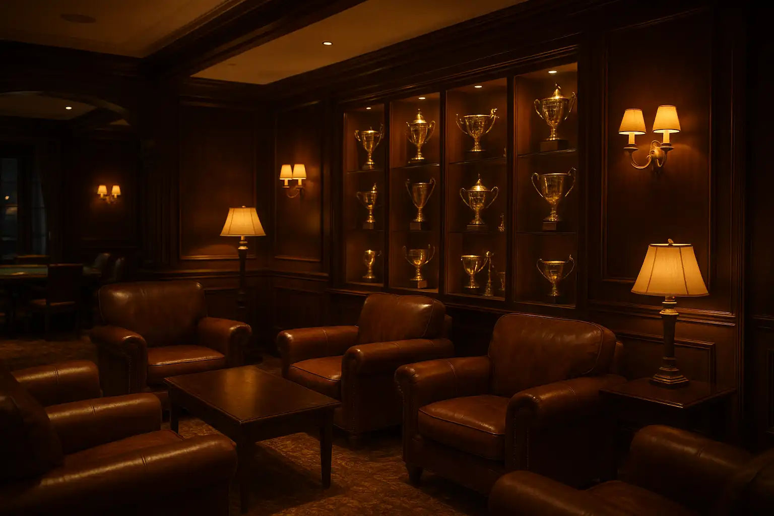 Exclusive clubhouse lounge with leather armchairs and golden trophy cabinet